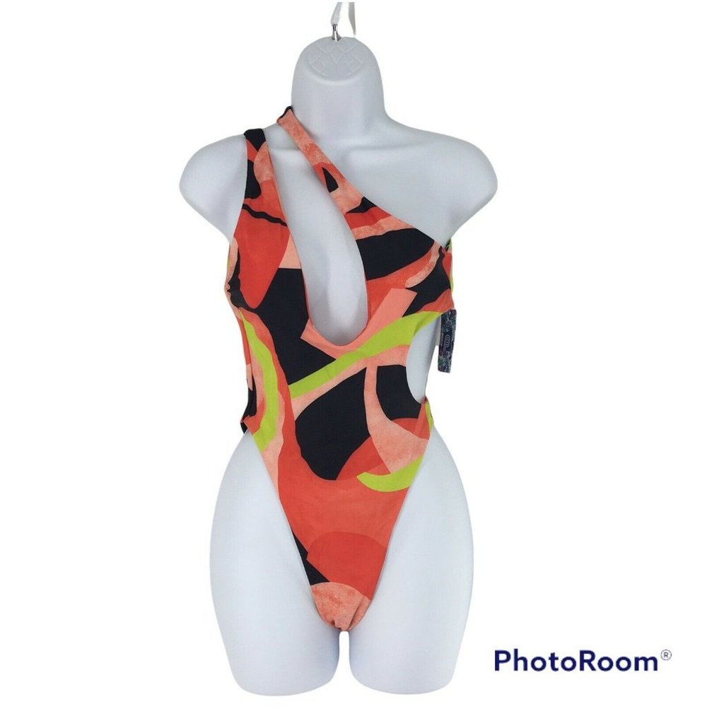 Sexy Bond Girl 1 Shoulder Cheeky Swimsuit Geometric Print Black Orange
